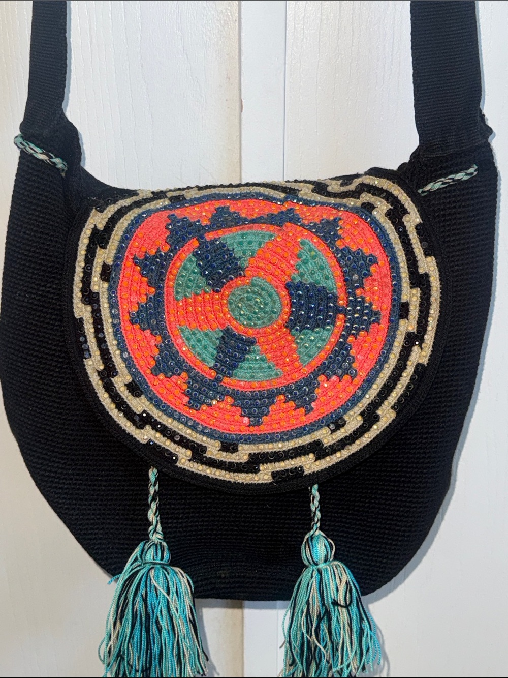Wayuu Tribe
Wayuu tribe large Black crossbody bag multicolor jeweled